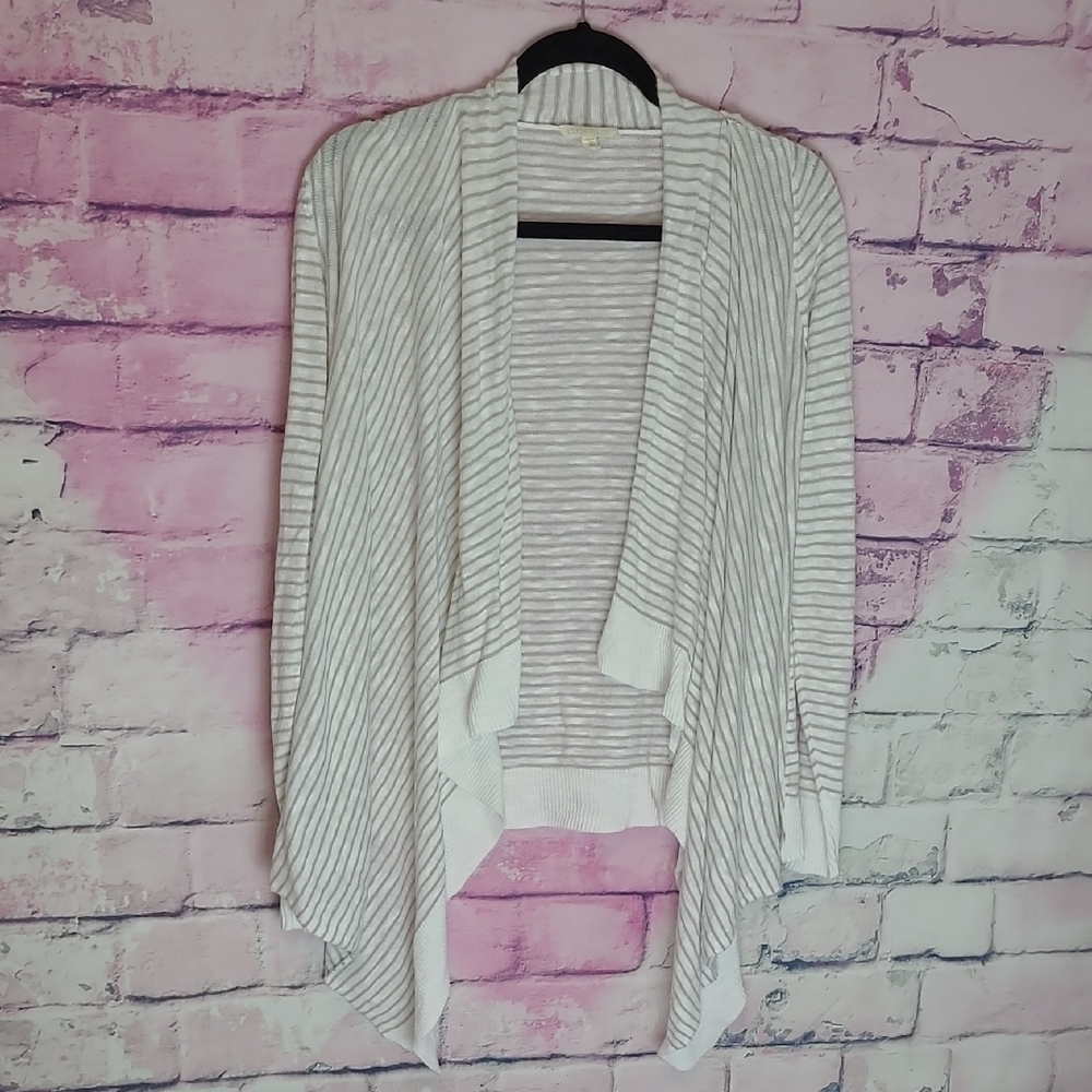 EILEEN FISHER LINEN BLEND OPEN WATERFALL FRONT STRIPED LIGHTWEIGHT CARDIGAN S